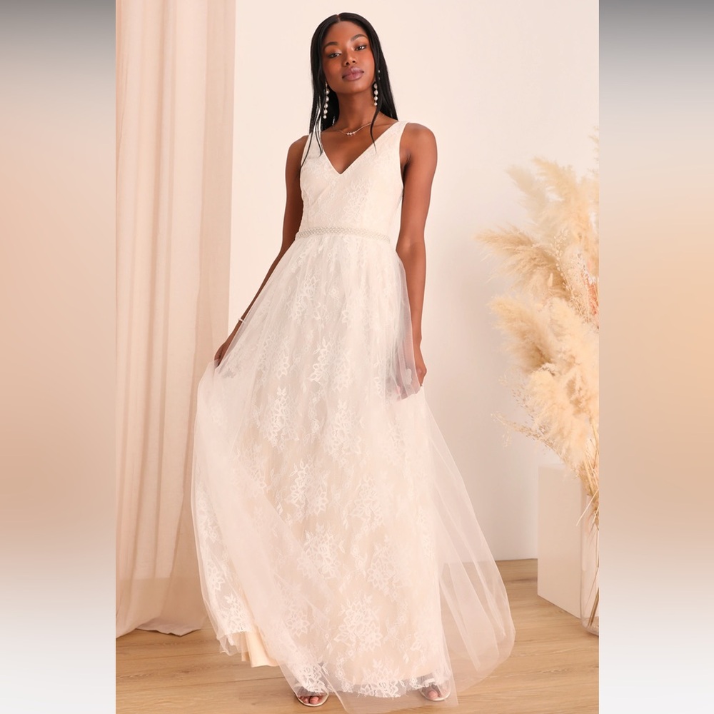 NWT Lulus sweet love ivory lace beaded wedding maxi dress